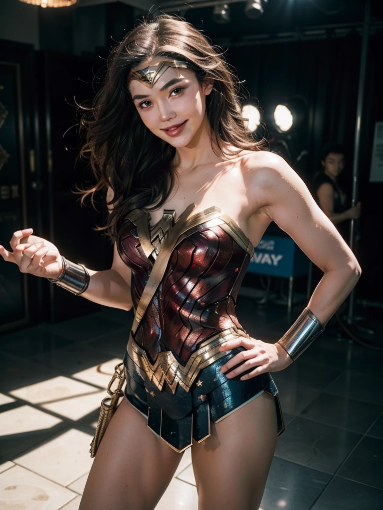 Wonder Woman, Portrait by Altgarm, a realistic style, Radiant Skin, Cartoon hero, Natural light, clear lips, Strong physical strength, Female body, whole body, Viewer, (Smile:1.2), Depth of field/1.8, Studio shot, (((Looking at the camera))), Camera orientation, Ellen von Unwerth, (Sexy pose:1.5),Two-color background