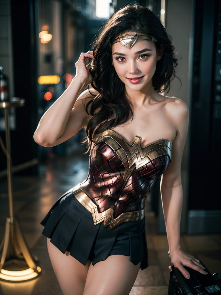 Wonder Woman, Portrait by Altgarm, a realistic style, Radiant Skin, Cartoon hero, Natural light, clear lips, Strong physical strength, Female body, whole body, Viewer, (Smile:1.2), Depth of field/1.8, Studio shot, (((Looking at the camera))), Camera orientation, Ellen von Unwerth, (Sexy pose:1.5),Two-color background