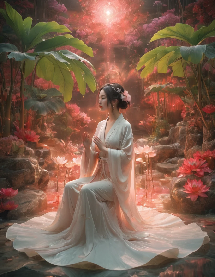 Full-body photo of a courtesan in lotus position,Praying with palms together、Anatomically correct,born, Cinematic shots, (Sharp focus:1.5), (Realistic:1.4), dusk lighting, Volumetric lighting, Ultra-high resolution, 16K,Dramatic lighting, Abstract background:1.5)(Tangleた,Datura stramonium,Holding a heart light in your hand、Tangle,Intertwined:0.7)witch,Red kimono, Foxfire spells, conversion, Depth of written boundary, A fantastic atmosphere, The most beautiful form of chaos, Elegance, Fauvist Design Dark Theme, flowers of death, flowers of ecstasy,Glowing Lines,Glow Example,Tracking example,flash, Backlight,translucent,Particles of light,hill,exit