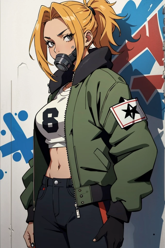 anime styling, graffiti woman, graffiti on the wall, wears a large bomber jacket, tampa lateral, gas mask, bright coloured, showing fangs, maximum quality, ultra detaild, 8K, fully body