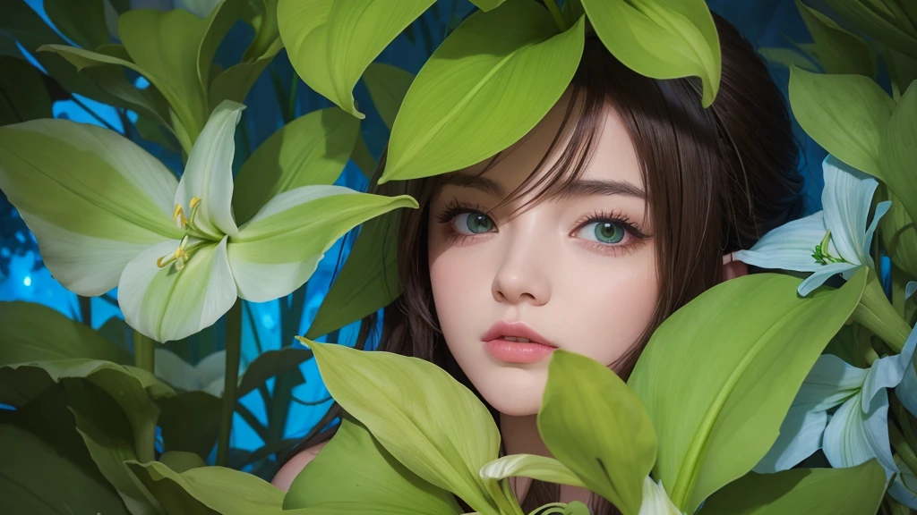 32k, Masterpiece, Highest quality, One girl, Brown Hair, Detailed eyes, flower,Amaryllis, Blue and green style,A dreamy, romantic piece,Pale yellow, Mysterious Leaves,A playful arrangement,Fantasy,High Contrast,Ink strokes,explosion,Exposure, Impression of blue and green tones,Abstract, Brush strokes,Negative Space, Tyndall effect