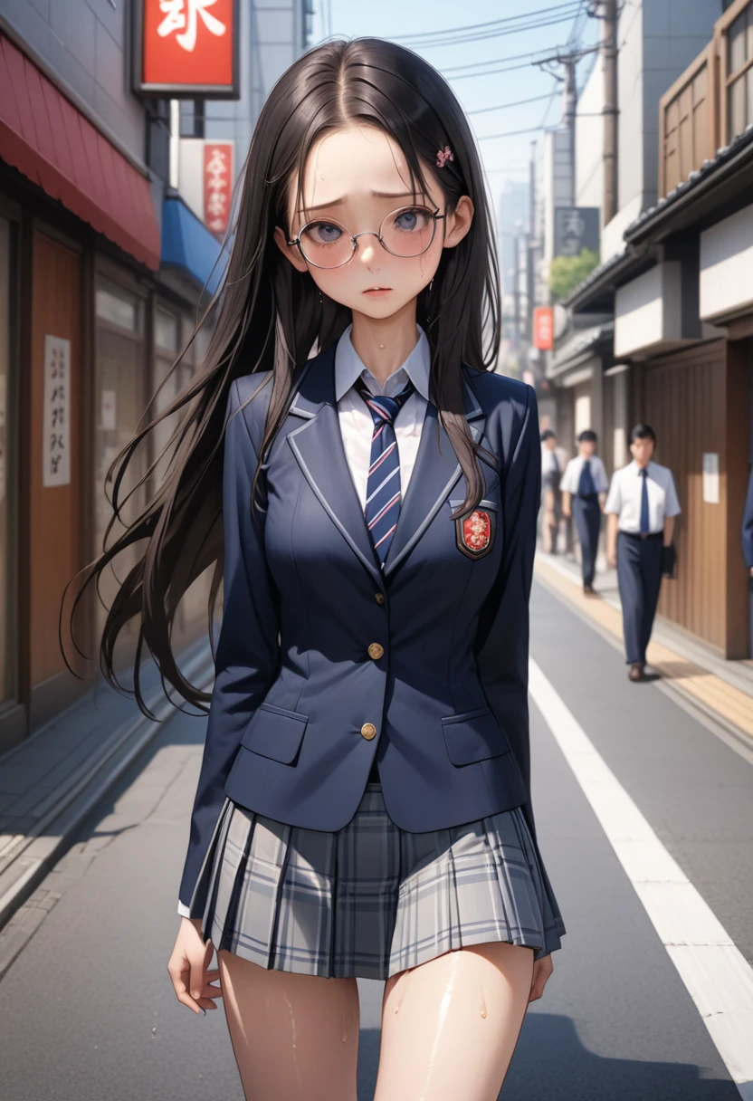 ((masterpiece,Highest quality:1.3,best illustration,realistic)),cowboy shot,1woman、独奏,20 year old Japanese beauty,((very small head:1.3)),center parted bangs,forehead,black hair,long hair,black eyes,gorgeous eyes,Black-rimmed glasses,blush,shy,medium breasts,((very long body:1.3)),((toned body,slender body,skinny)),gleaming skin,shiny skin,oily skin,sweat,(School uniform、Dark blue blazer jacket、Navy blue tie、Grey plaid pleated mini skirt),on street,Tokyo、