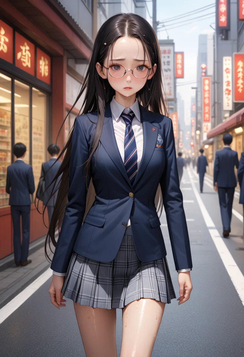 ((masterpiece,Highest quality:1.3,best illustration,realistic)),cowboy shot,1woman、独奏,20 year old Japanese beauty,((very small head:1.3)),center parted bangs,forehead,black hair,long hair,black eyes,gorgeous eyes,Black-rimmed glasses,blush,shy,medium breasts,((very long body:1.3)),((toned body,slender body,skinny)),gleaming skin,shiny skin,oily skin,sweat,(School uniform、Dark blue blazer jacket、Navy blue tie、Grey plaid pleated mini skirt),on street,Tokyo、