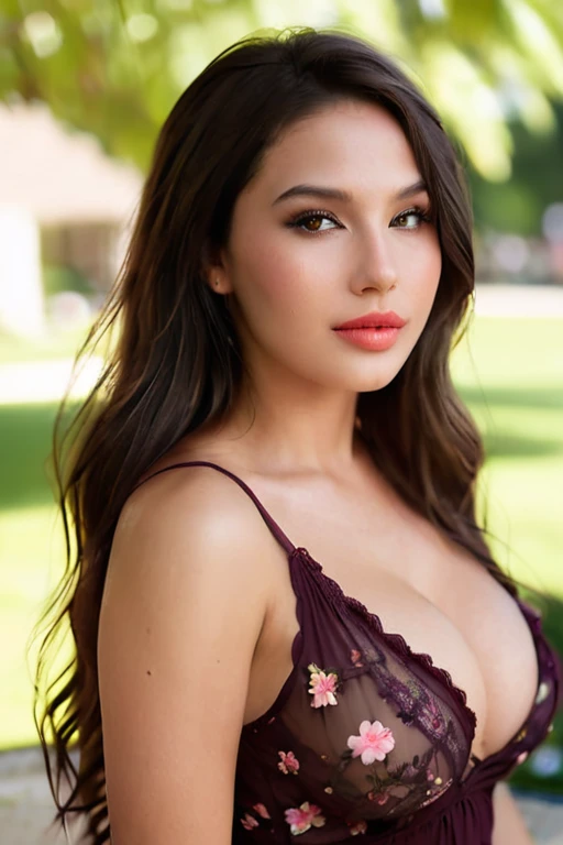 (Best quality, 8k, Masterpiece :1.3)), Sharp focus :1.2, Perfect body beauty: 1.4, Slim abs: 1.2, ((Long Dark brown hair, round breasts: 1.2)), (realistic light, natural lighting: 1.1 ), highly detailed facial and skin textures, detailed eyes, double eyelids, (((Dynamic Angle))), nsfw, 8K raw photo, Best quality, masterpiece, ultra high res, film grain, filmg, 1girl, looking at viewer, natural skin texture, realistic eye and face details, full lips, lipstick, (makeup), "Create a high-quality profile picture of a young Latina woman named Bella Rivera. She is 24 years old, with a softer, curvier build and a warm medium-tan complexion. Bella has an oval-shaped face with high cheekbones, almond-shaped dark brown eyes, and thick, well-groomed eyebrows with a natural arch. Her nose is straight with a slight elegant curve, and she has full lips with a natural pink hue. Bella has a bright, warm smile with subtle dimples, and a small beauty mark above her upper lip on the left side. Her long, wavy hair is deep brown with natural highlights.
In this photo, Bella is wearing a casual yet feminine outfit. She is dressed in a flowy, floral-patterned sundress that highlights her curves and enhances her soft build. The dress has a light, pastel color palette and delicate details such as ruffles or lace. She accessorizes with simple, elegant jewelry like small hoop earrings, a delicate necklace, and a couple of bracelets. Her makeup is natural, with a focus on her bright smile and expressive eyes.
Bella should be standing or sitting in a relaxed and comfortable pose, perhaps holding a cup of coffee or a bouquet of flowers, to enhance the casual and feminine vibe. The background should be a softly blurred outdoor setting, like a park or garden, with natural light highlighting her features and outfit." black pantyhose,