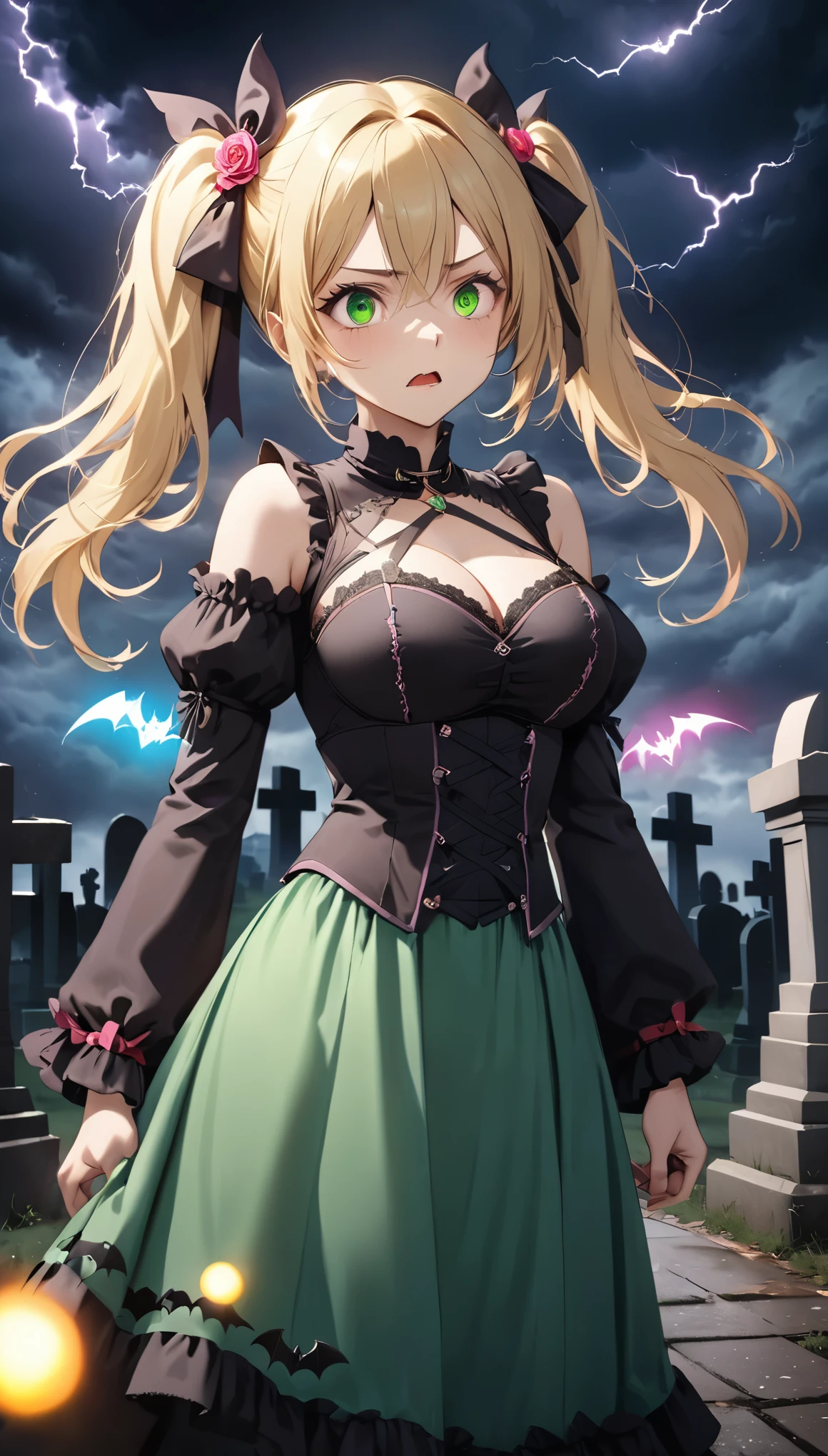 Highest quality, Highest quality, 16K, Unbelievably absurd, Very detailed, 2.5D, delicate and dynamic, Cemetery, Moonlit Night, storm, thunderstorm, Scary Sky, Tiny faint lights and colorful lights, A lot of bats, 巨大な複雑な模様のmagic陣, magic, Small face, Very delicate facial expressions, Delicate eye depiction, Upper body close-up,, erotic, dynamic sexy poses, One sexy woman, Healthy body shape, 24-year-old woman, doaxvv_marie rose, witch, Height: 170cm, big firm bouncing busts, , blonde very long wavy hair, twin tail,, Glaring at the camera, Looking up, Invincible laughter, A complex, gothic-style long dress, , Green long skirt, garter belt, Brown Loafers, Standing Alone