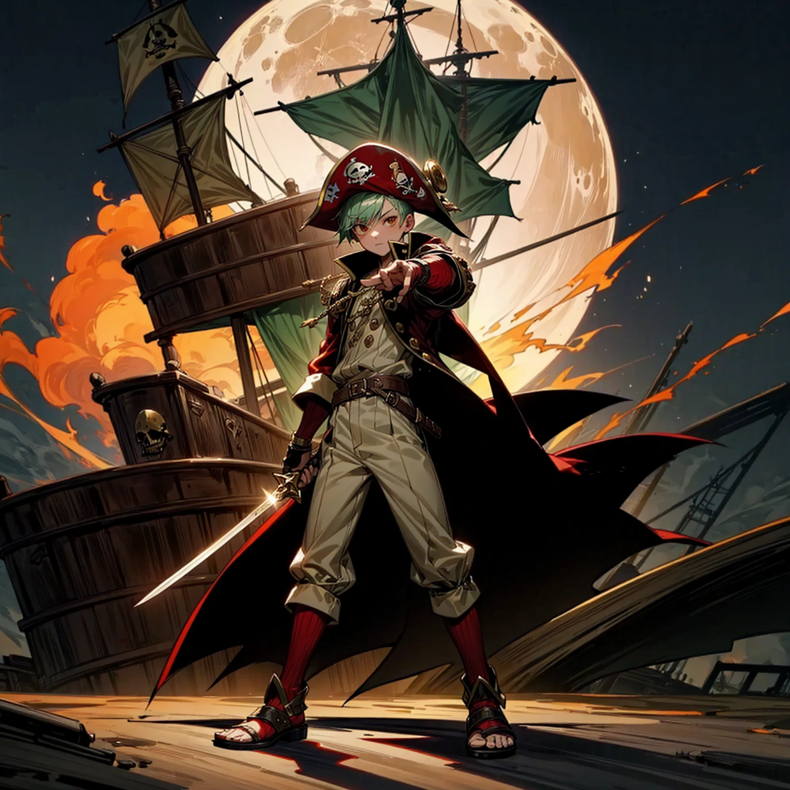 1boy, Full body version, 1character, brown eyes, albino skin, pirate eye patch, buzz cut hairstyle, green colour hair, flat facial expression, small eyes, red pirate hat, templar knight clothing, brown colour clothing, ancient Greek sandals, gold dagger knife in hand, buckler in hand, gold armor, Grassroots background in Pirate Ship, (at night), fire light burns on the ship, damaged pirate ship, moon silhouette light, moon in the sky, eyes glow red, sword glows red, lots of fire on the ship, ship fire, full background, war in ship pirate, (war gesture),