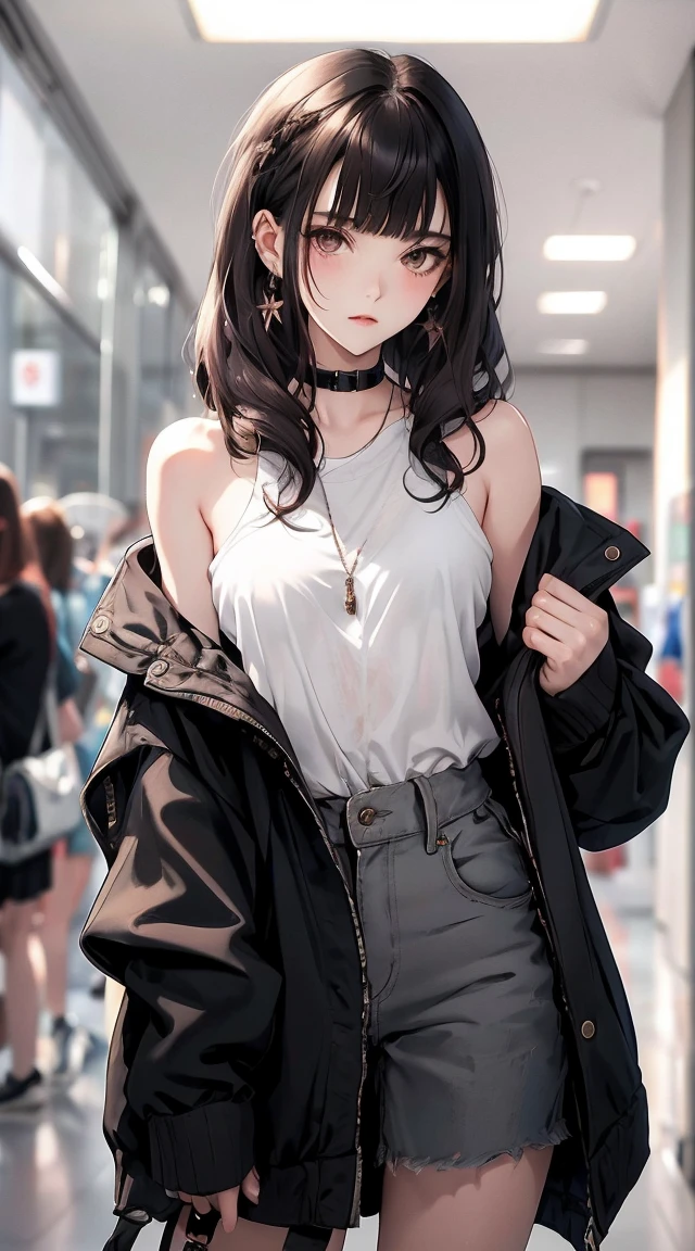 masterpiece, Highest quality, Pixiv, Cool girl, there are a lot of earrings, Earrings, Dark brown hair, Curly Hair, Blunt bangs, Straight bangs, Grey Eyes, Pale skin, Gal,Take off your clothes. Almost completely naked.