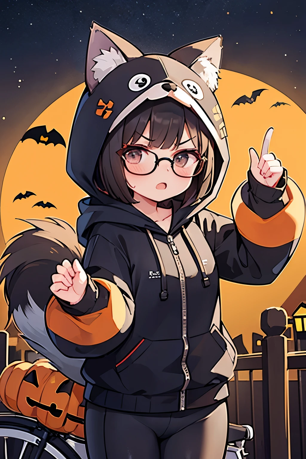 (Highest quality:1.2)。One Woman。Beautiful woman。Brunette short bob。Glasses。Angry expression。(Wearing a hooded wolf costume)。((Old Bike)get on)。The background is a Halloween town at night。