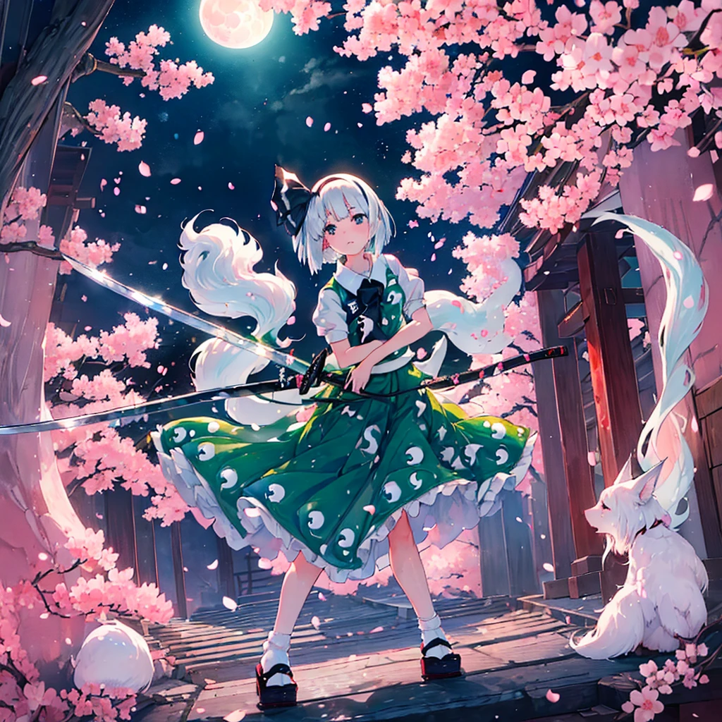 (((Konpaku Youmu)))　((Cherry Blossom　White fox fire　Japanese sword))　(night　star　full moon)　Shining Edge　Shining Background