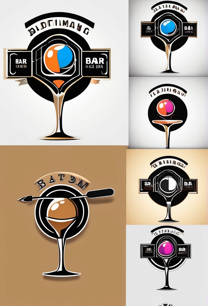 Stylish dining bar logo with a liquor glass logo、
Darts Arrows、Billiard balls、Karaoke microphone etc.、A stylish logo that looks like it's in a bottle of alcohol. A playful and mature design. A cool, chic and modern design. The background is pure white.