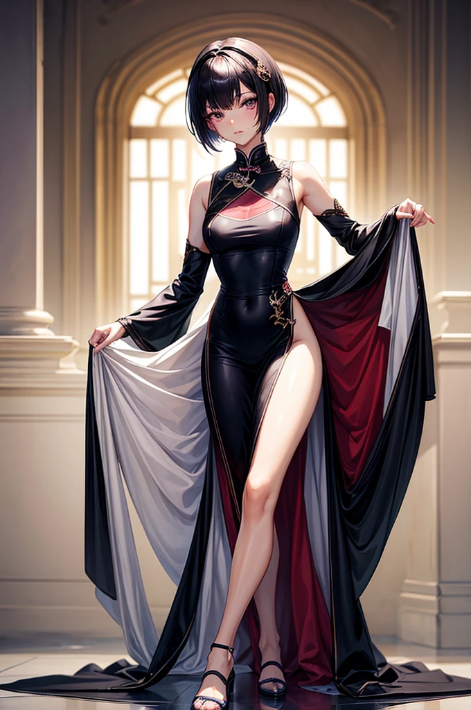 masterpiece, best quality, distinct image, 1 girl, 16 year old teenager, knee length Chinese styled dress, solo. sharp facial features, oval shaped face, cherry pink lip, lightly tanned white skin, velvet-colored eyes, tall height(175cm), slim yet chiseled body-type, dark violet-black hair, short pixie cut hairstyle, long and slender legs, curvy wide hips stretching the dress, full body image,