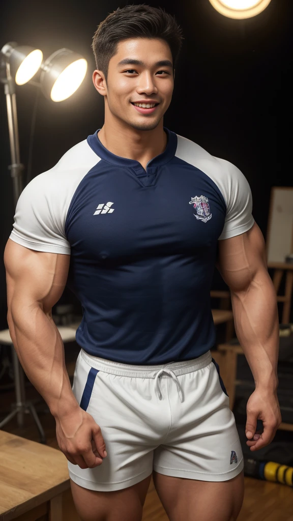 ((Highest quality, 8K, Masterpiece: 1.3))、Thailand Laos Burma Asia, Thai man, A handsome Asian rugby player with short hair, a muscular beard, and big muscles., １A man who has、 yo、Good appearance、Beautiful nose、smile、 Detailed eyes and face、beautiful light、(studio)、high resolution、（Look at the viewer.）、Fine mouth、smile、whole body: 1.5, perfect shape: 1.3, Picture of both shoulders:1.3, Navy blue round neck t-shirt:1.5