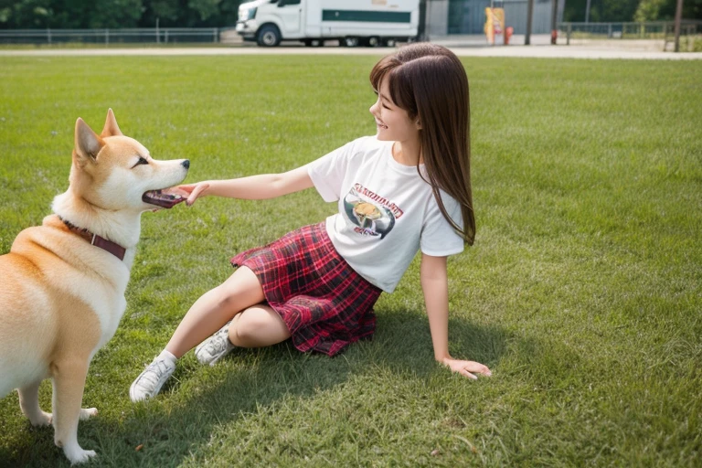 (high resolution),(high quality),(Perfect body),(Perfect face),(Large trucks),station,platform,廃線のstation,Covered in grass,One Girl,Chestnut Hair,Medium Hair,White T-shirt,Yellow Jacket,Red Skirt,Bending,Shiba Inu,少女の足元にShiba Inu,Girl reaching for dog,smile