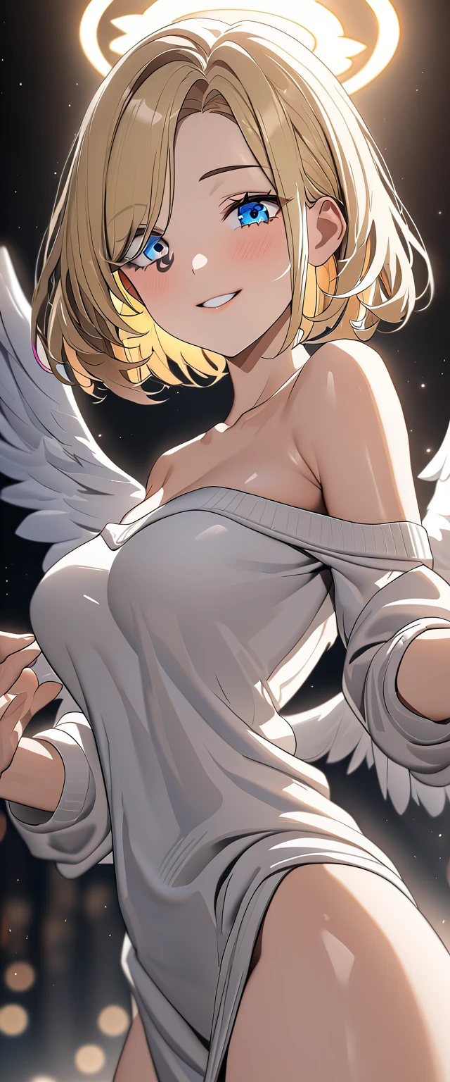 ((angel, big big white wings:1.3, halo:1.3)), (((cowboy shot))), ((flying)), archangel Uriel, ((wavy hair, outward curled hair)), evening, Sunset, ((blond hair, bob cut:1.3)), breasts, teenager, (looking at viewer), oversized clothes, puffy long sleeves, collarbone, ((off-shoulder sweater dress:1.3, Quite thick shoulder straps)), (((sleeves past wrists:1.3))), ((white sweater)), collarbone, head tilt:1.3, (((blue eyes))), ((happy smile)), (((anime style))), (best quality, 4K, 8K, highres, masterpiece:1.2, ultra-detailed, ultra-detailed eyes, HDR, uhd, studio lighting, ultra-fine painting, sharp focus, physically-based rendering, extreme detail description, professional, vivid colors, bokeh), ((Highest quality, Best image quality, Ultra-high resolution, Ultra-high resolution, solo, Strong eye highlights)), Depth of written boundary, Natural soft light, attractive, Beautiful Face, Cleanliness, Pure Face, medium chest, Beautiful Face, Perfect Fingers, Perfect hands, Perfect body, Perfect Face, Shine a light into your eyes, Perfect Anatomy