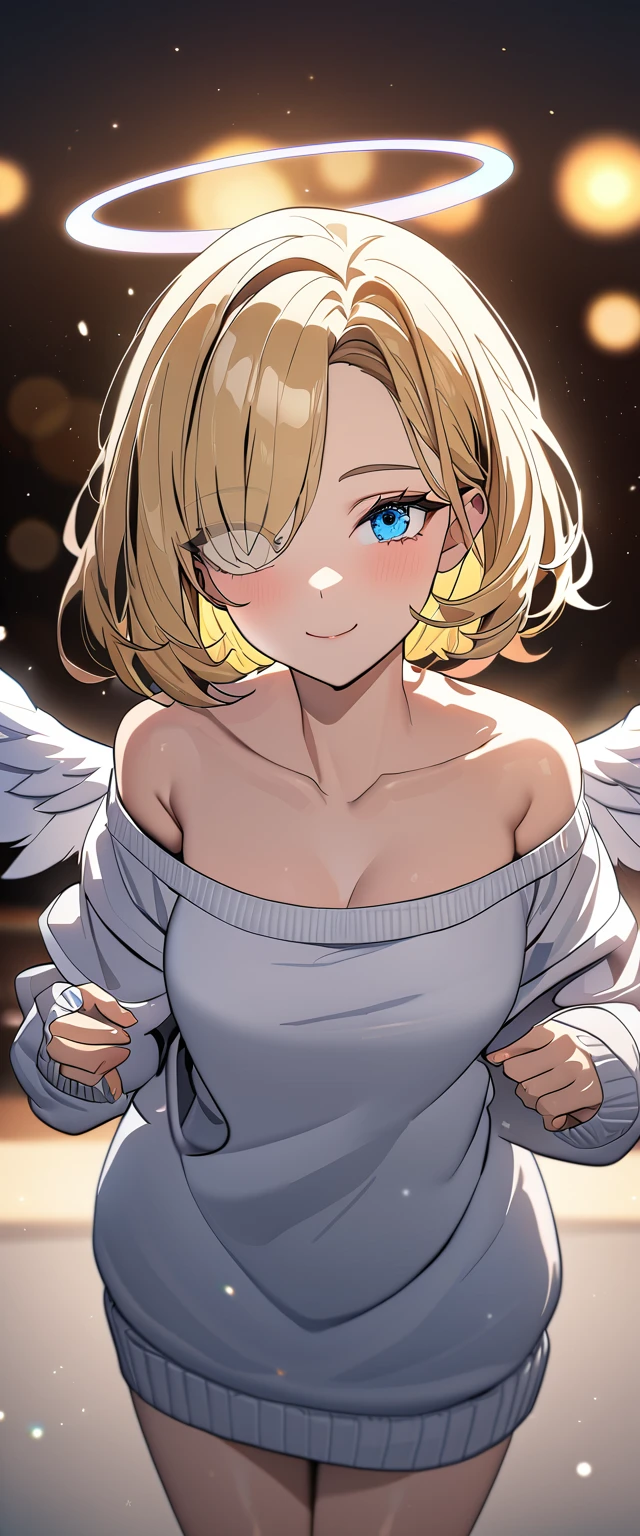 ((angel, big big white wings:1.3, halo:1.3)), (((cowboy shot))), ((flying)), archangel Uriel, ((wavy hair, outward curled hair)), evening, Sunset, ((blond hair, bob cut:1.3)), breasts, teenager, (looking at viewer), oversized clothes, puffy long sleeves, collarbone, ((off-shoulder sweater dress:1.3, Quite thick shoulder straps)), (((sleeves past wrists:1.3))), ((white sweater)), collarbone, head tilt:1.3, (((blue eyes))), ((happy smile)), (((anime style))), (best quality, 4K, 8K, highres, masterpiece:1.2, ultra-detailed, ultra-detailed eyes, HDR, uhd, studio lighting, ultra-fine painting, sharp focus, physically-based rendering, extreme detail description, professional, vivid colors, bokeh), ((Highest quality, Best image quality, Ultra-high resolution, Ultra-high resolution, solo, Strong eye highlights)), Depth of written boundary, Natural soft light, attractive, Beautiful Face, Cleanliness, Pure Face, medium chest, Beautiful Face, Perfect Fingers, Perfect hands, Perfect body, Perfect Face, Shine a light into your eyes, Perfect Anatomy