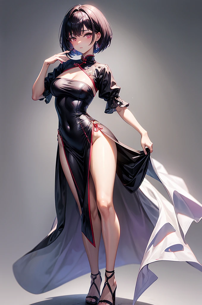 masterpiece, best quality, distinct image, 1 girl, teenager, kth Chinese styled dress, solo. sharp facial features, oval shaped face, cherry pink lip, lightly tanned white skin, velvet-colored eyes, tall height(175cm), slim yet chiseled body-type, dark violet-black hair, short pixie cut hairstyle, long and slender legs, curvy wide hips stretching the dress, full body image,