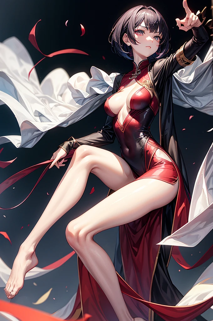 masterpiece, best quality, distinct image, 1 girl, 16 year old ager, knee length Chinese styled dress, solo. sharp facial features, oval shaped face, cherry pink lip, lightly tanned white skin, velvet-colored eyes, tall height(175cm), slim yet chiseled body-type, dark violet-black hair, short pixie cut hairstyle, long and slender legs, curvy wide hips stretching the dress, full body image,