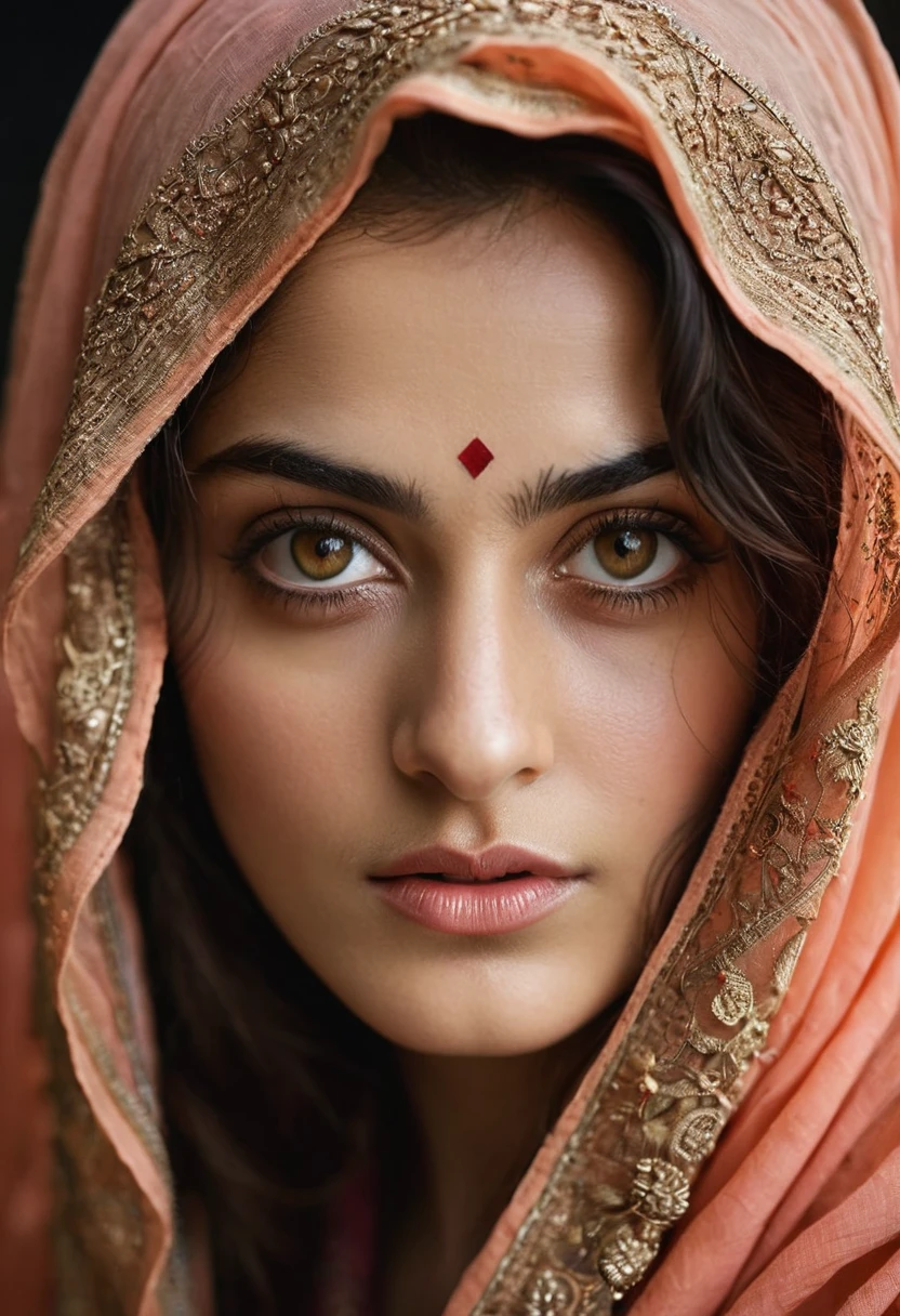 Looks Like Sandeepa Dhar, a photorealistic portrait of a stunningly beautiful woman without make-up, extremely detailed light hazel eyes, detailed symmetric realistic face, natural skin texture, extremely detailed skin with skin pores, peach fuzz, messy hair, wearing shawl over her head, masterpiece, absurdres, award winning photo by lee jeffries, nikon d850 film stock photograph, kodak portra 400 camera f1.6 lens, extremely detailed, amazing, fine detail, rich colors, hyper realistic lifelike texture, dramatic lighting, unrealengine, trending on artstation, cinestill 800 tungsten, looking at the viewer, photo realistic, RAW photo, TanvirTamim, high quality, highres, sharp focus, extremely detailed, cinematic lighting, 8k uhd