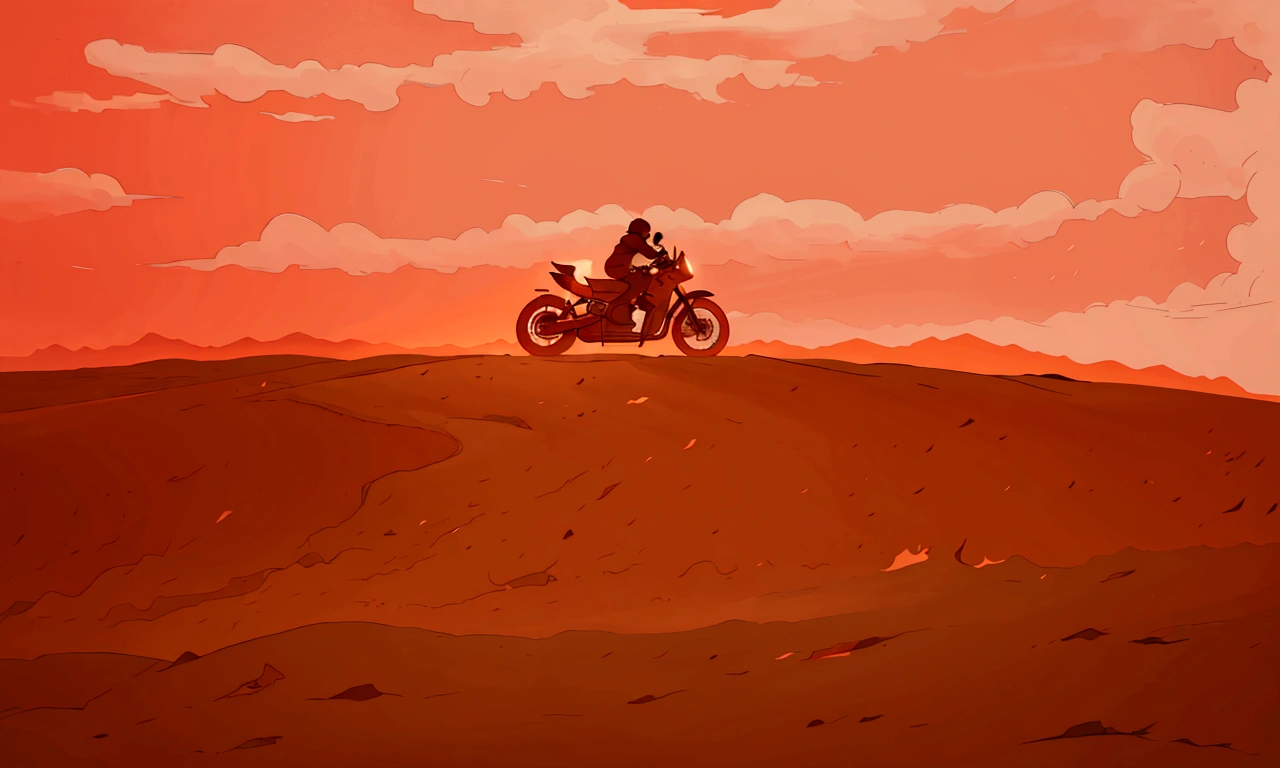 A lone figure riding a motorcycle on a vast desert plain at sunset. The sky is painted in shades of red and orange, creating a serene yet dramatic atmosphere. The silhouette of the rider and the motorcycle is clearly visible against the glowing sky. The landscape is minimalistic with a barren and cracked surface. The overall scene is reminiscent of a classic animated style with smooth, flowing lines and a warm color palette.