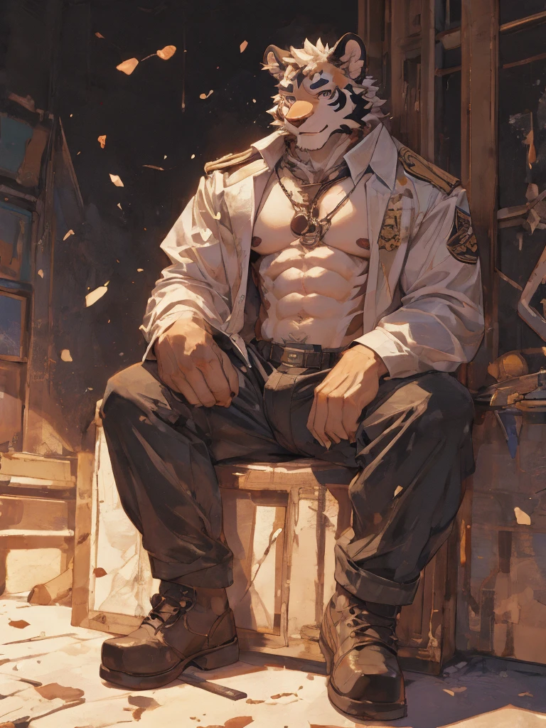 {{bara extremely handsome white tiger,}} {{white fur,}} white, wearing military like purple trench coat, purple trousers, white dress shirt and necktie, white fluffy furry body and limbs, loafers, very tall, very broad shoulders, narrow waist, muscular arms, massive pecs, purple eyes, very long legs,  sitting on swivel chair with legs spread, perspective, massive bulge, reading file, sophisticated hot look, sexy pose, full body, sunlight casting over, 3/4 view, best quality, high quality, silver earring on left ear, sultry smirk