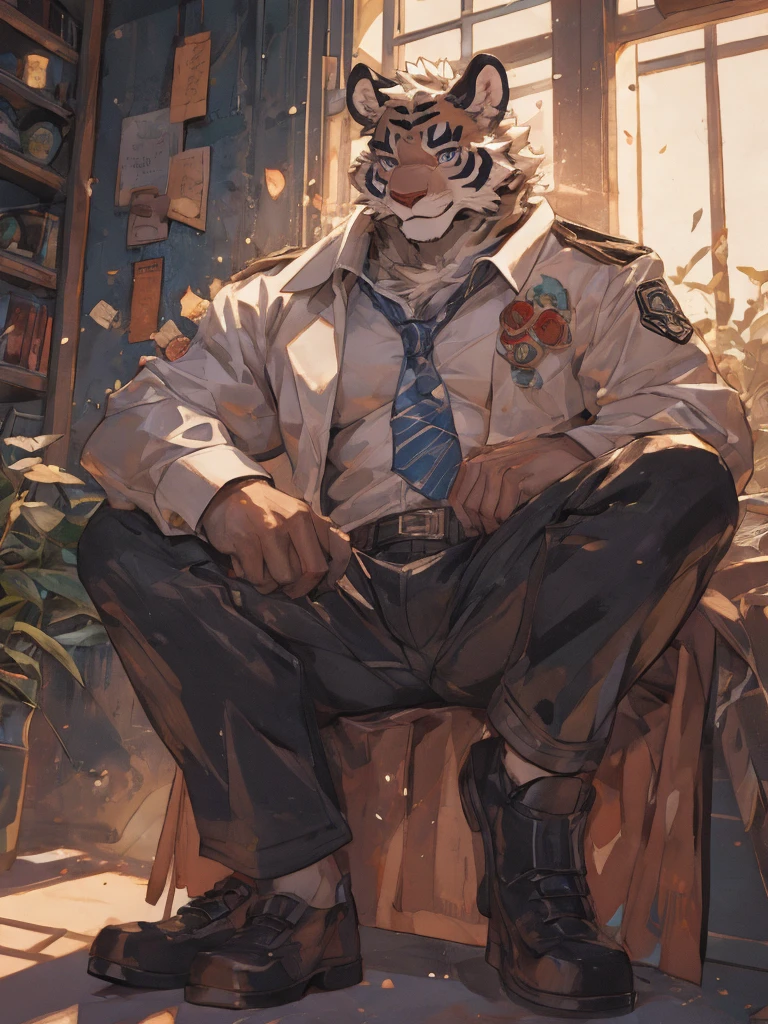 {{bara extremely handsome white tiger,}} {{white fur,}} white, wearing military like purple trench coat, purple trousers, white dress shirt and necktie, white fluffy furry body and limbs, loafers, very tall, very broad shoulders, narrow waist, muscular arms, massive pecs, purple eyes, very long legs, sitting on swivel chair with legs spread, perspective, massive bulge, reading file, sophisticated hot look, sexy pose, full body, sunlight casting over, 3/4 view, best quality, high quality, silver earring on left ear, sultry smirk