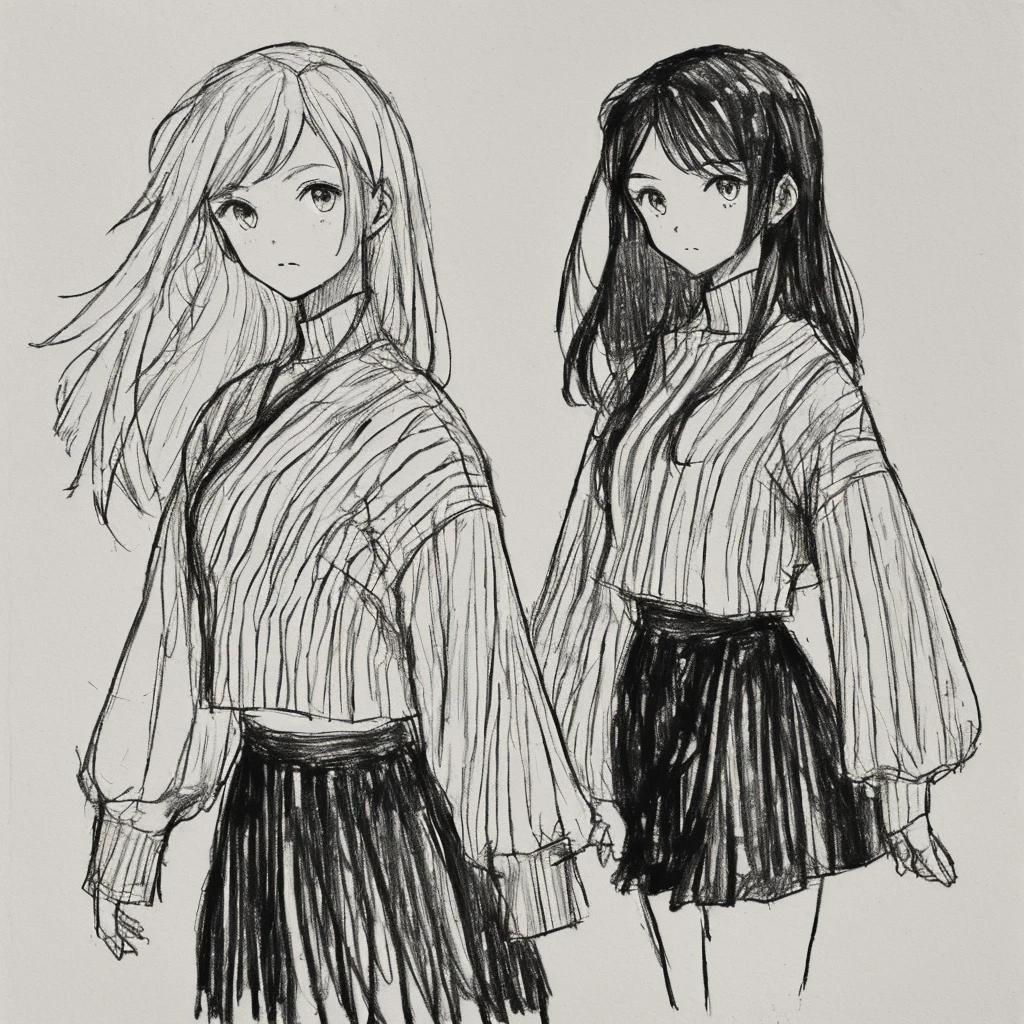 One Girl,Line art,Monochrome,sketch,Pencil drawing,Traditional Media,One Girl, skirt,Cute Teenage Girls, ,Beautiful portrait、Delicate body、Black Hair、Black Hair,landscape,Black and White