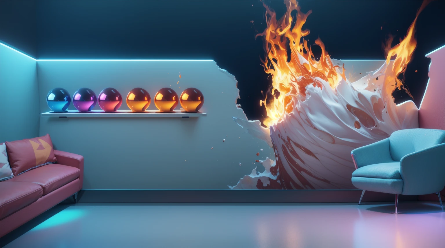  The image shows a vivid depiction of a barrel bursting into flames, with the colorful balls on shelves being consumed by the fire, smooth 3d model, glossy plastic texture, multiple light sources, rim light, sharp post effects render, most beautiful vfx, , realistic, 4k, high resolution, rim light, smooth 3d model. ,  glossy texture, smooth 3d model, multiple light sources, rim light, sharp post effects render, (glossy plastic texture with multiple big light probe refractions), perfect cgi,   reflective, best quality, 4k, masterpiece:1.2, ultra-detailed, realistic, vivid colors, The image of the highest quality, ensuring every detail showcased perfectly. It in 4k resolution, allowing viewers to immerse themselves in the richness of the colors and intricate details. The realistic rendering. under the spotlight, reflecting, high-resolution image, realistic rendering