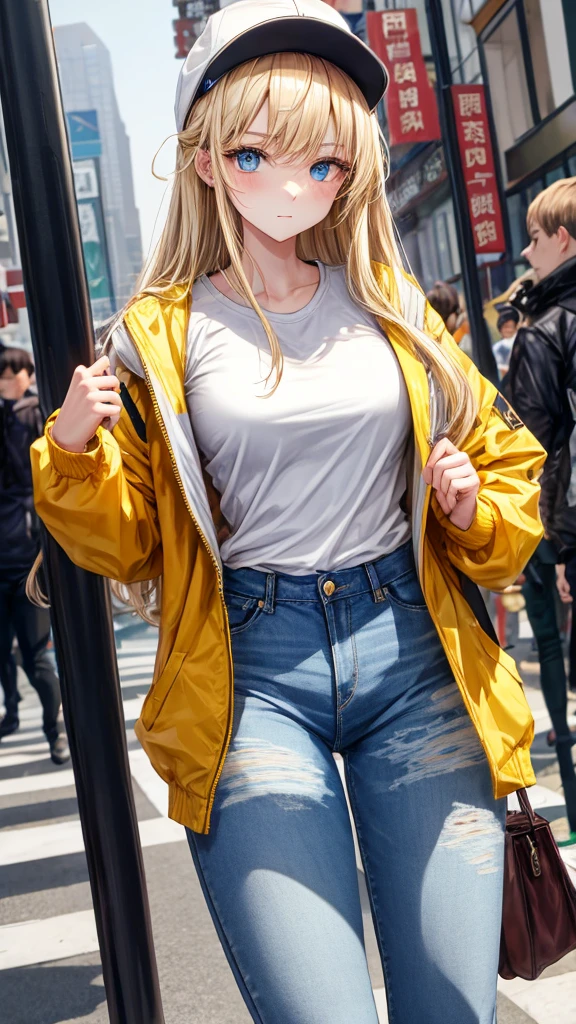 one young woman,Beautiful long blonde hair,blue eyes,The Human Tribe,In the novel,Put on a pale yellow jacket.,Wear a smooth white shirt., Wear short jeans,in china city,Two fingers up