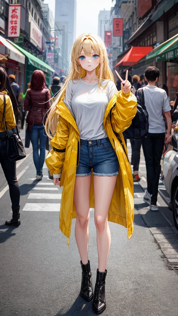 one young woman,Beautiful long blonde hair,blue eyes,The Human Tribe,In the novel,Put on a pale yellow jacket.,Wear a smooth white shirt., Wear short jeans,in china city,Two fingers up