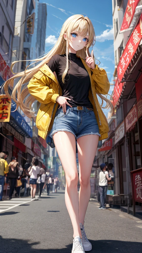 one young woman,Beautiful long blonde hair,blue eyes,The Human Tribe,In the novel,Put on a pale yellow jacket.,Wear a smooth white shirt., Wear short jeans,in china city,Two fingers up