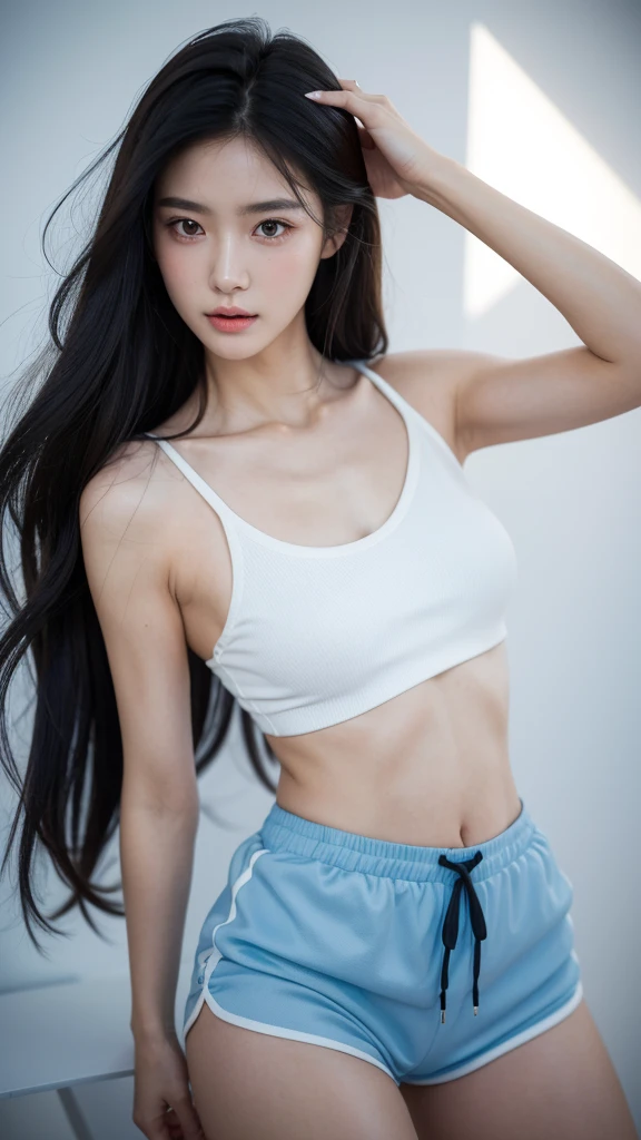 Quiet,Light makeup,Sexy,Peerless Beauty,Intellectual,clavicle,Neat long hair,Black Hair,Delicate face,Exquisite facial features,Natural expression,Natural eyes,sexy blue sports shorts