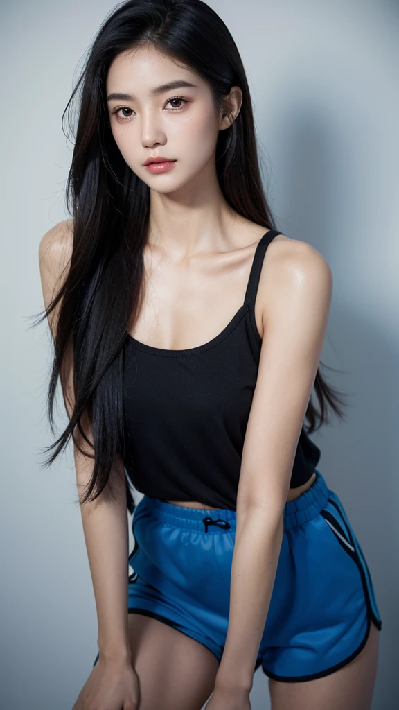 Quiet,Light makeup,Sexy,Peerless Beauty,Intellectual,clavicle,Neat long hair,Black Hair,Delicate face,Exquisite facial features,Natural expression,Natural eyes,sexy blue sports shorts