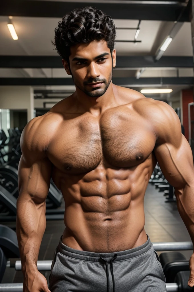 Masculine indian real man, gym setting, slim and muscular, curly hairs
