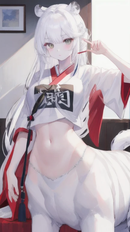 (best quality, masterpiece), 1 girl, centaur, It takes, White skin, Japanese , exposing the abdomen,belly button t-shirt, 아름다운 소녀 perfect white tiger photo, perfect white tiger photo