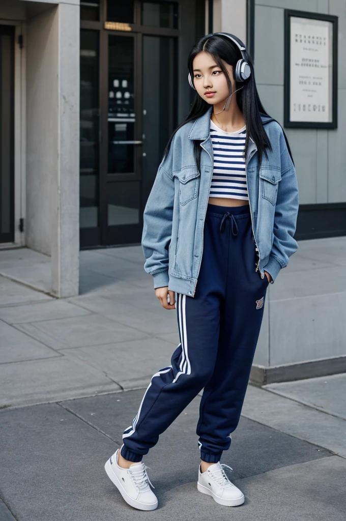 Girl  18, black hair, long straight hair, tied up, wearing a striped shirt. blue sweatpants wearing a blue jacket , sneakers, Korean, white skin, with headphones 