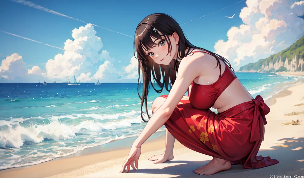 ((Highest quality)), ((masterpiece)), (detailed), 1 pretty girl, Beach,Crouching,Sarong pass