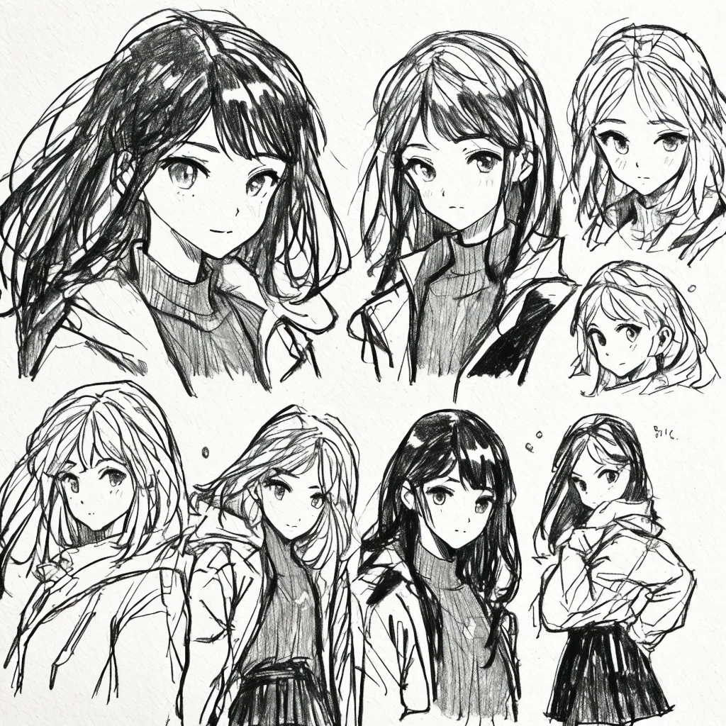 One Girl,Line art,Monochrome,sketch,Pencil drawing,Traditional Media,One Girl, skirt,Cute Teenage Girls, ,Beautiful portrait、Delicate body、Black Hair、Black Hair,landscape,Black and White