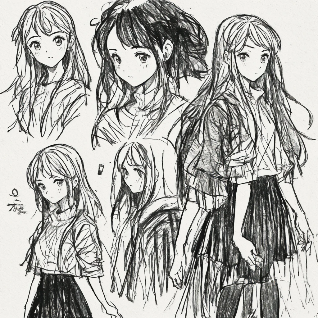 One Girl,Line art,Monochrome,sketch,Pencil drawing,Traditional Media,One Girl, skirt,Cute Girls, ,Beautiful portrait、Delicate body、Black Hair、Black Hair,landscape,Black and White
