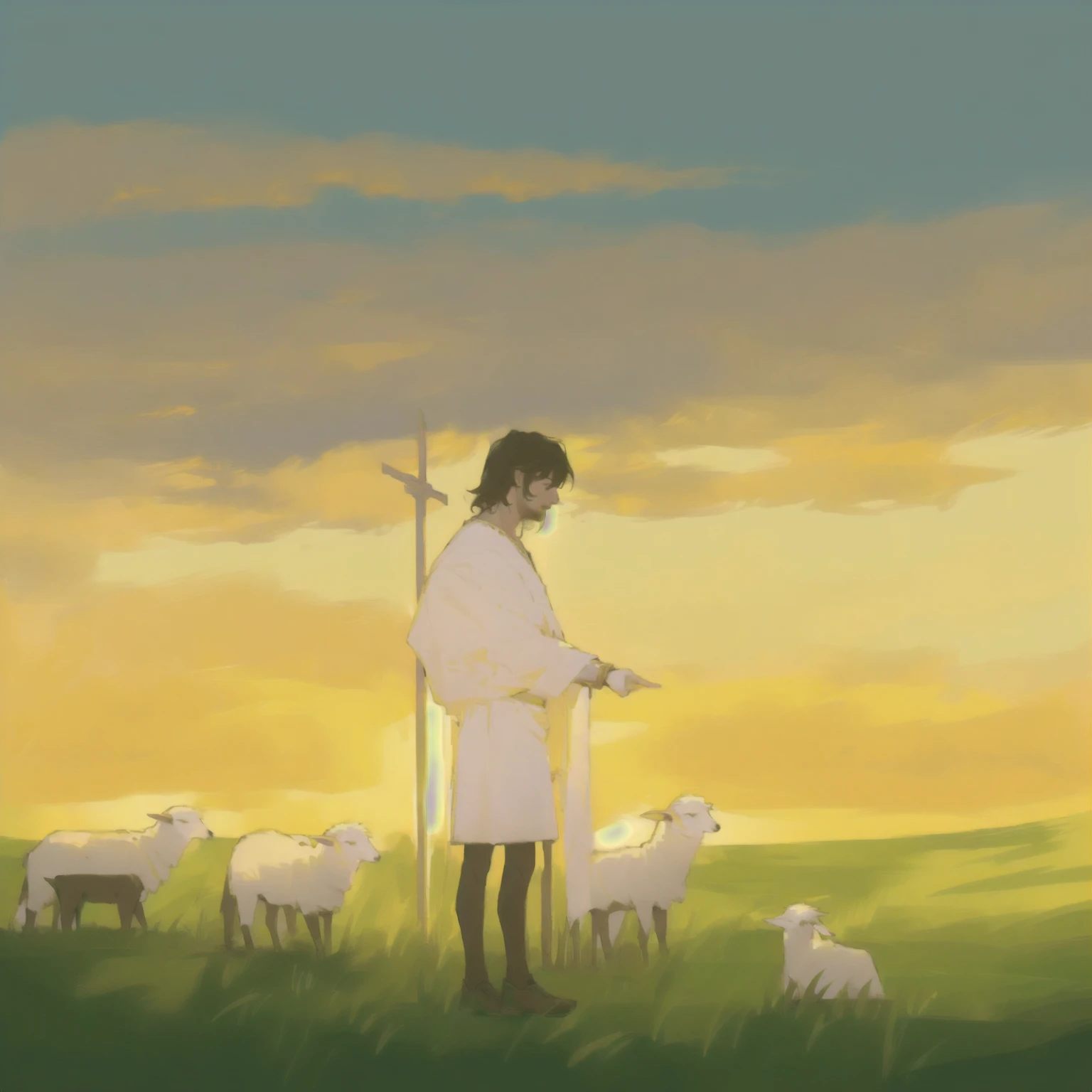 a painting of a man, standing in a field with sheep, Bibel-Illustration, conceptual art of god, Robbing the King, biblical art style, inspired by Thomas Blackshear, Christian art, pastoral, biblical painting, epic biblical representation, von Scott Gustafson, Light leans towards him, official fanart, conceptual art | rhads, Cult of the Lambs, inspired by RHADS