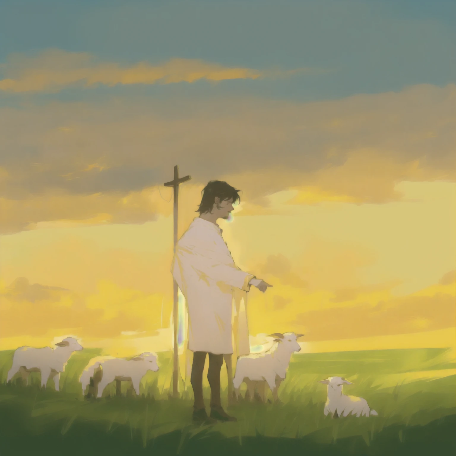 a painting of a man, standing in a field with sheep, Bibel-Illustration, conceptual art of god, Robbing the King, biblical art style, inspired by Thomas Blackshear, Christian art, pastoral, biblical painting, epic biblical representation, von Scott Gustafson, Light leans towards him, official fanart, conceptual art | rhads, Cult of the Lambs, inspired by RHADS