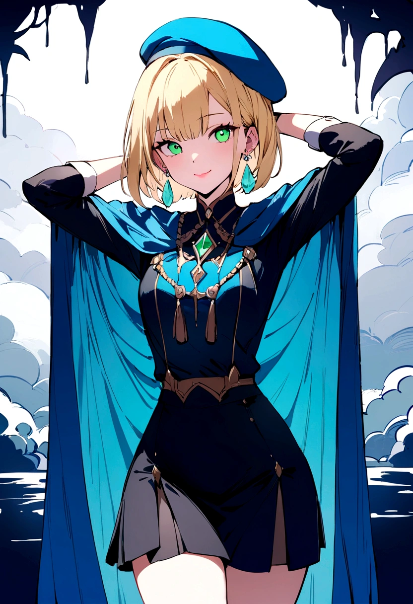 Фаджойено-style, masterpiece, Best quality, 1 girl, 21 years old, smile, pink lips, sea green eyes, Blue Beret, blonde hair, closed mouth, earrings, It has, gem earrings, jewelry, Looking at the viewer, mini skirt, shirt, blue cloak, short hair, One, cowboy shot, hands behind your head, dim, Dark, high contrast, caustic 