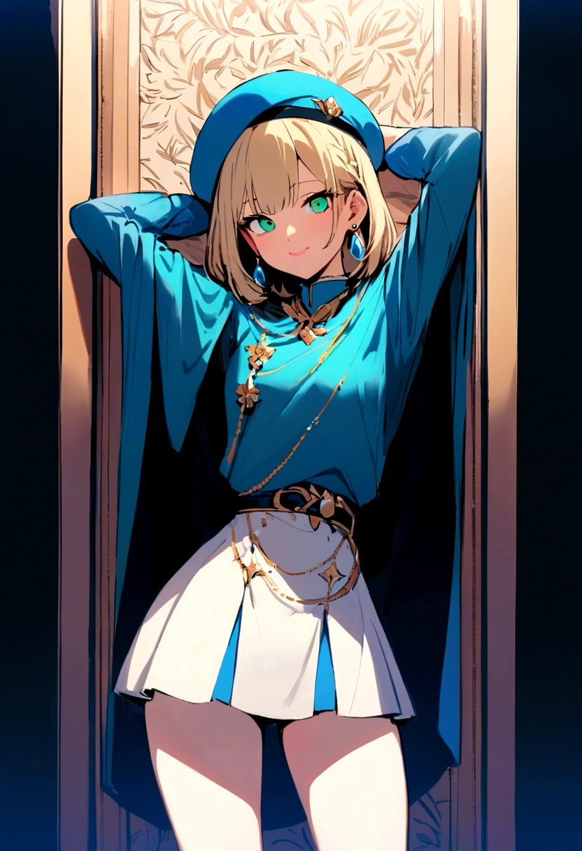 Фаджойено-style, masterpiece, Best quality, 1 girl, 21 years old, smile, pink lips, sea green eyes, Blue Beret, blonde hair, closed mouth, earrings, It has, gem earrings, jewelry, Looking at the viewer, mini skirt, shirt, blue cloak, short hair, One, cowboy shot, hands behind your head, dim, Dark, high contrast, caustic