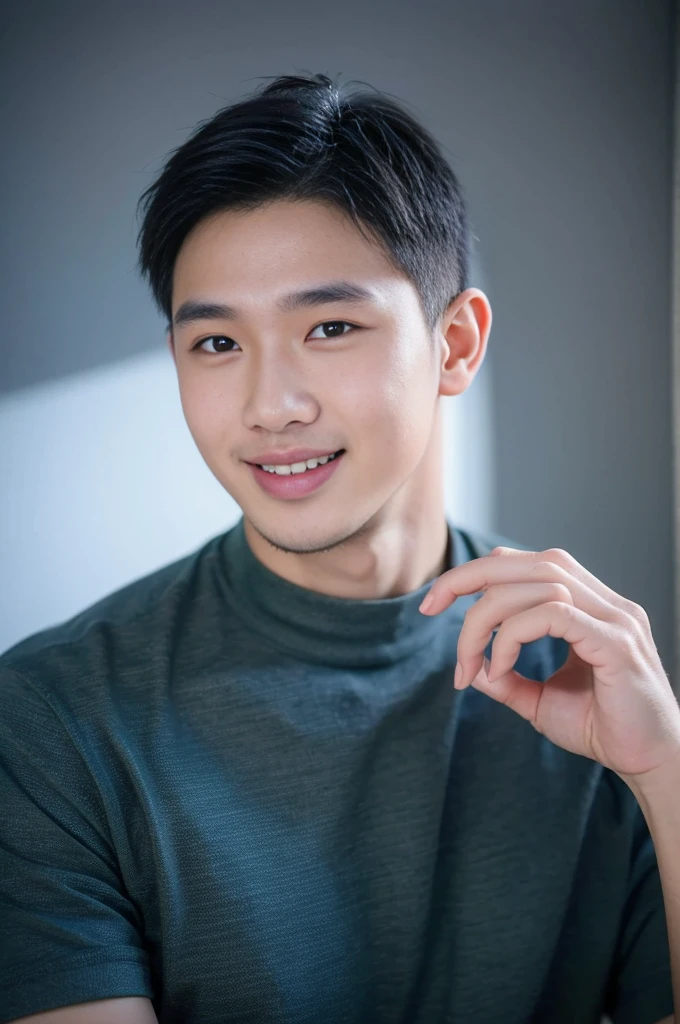 ((Highest quality, 8K, Masterpiece: 1.3))、Thailand Laos Burma Asia, Thai man, A handsome Asian rugby player with short hair, a muscular beard, and big muscles., 1A man who has、 yo、Good appearance、Beautiful nose、smile、 Detailed eyes and face、beautiful light、(studio)、high resolution、(Look at the viewer.)、Fine mouth、smile、whole body: 1.5, perfect shape: 1.3, Picture of both shoulders:1.3, Navy blue round neck t-shirt:1.5