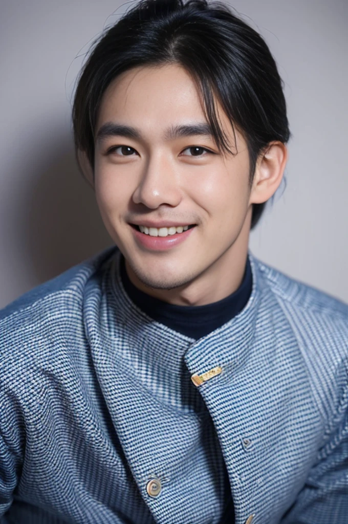 ((Highest quality, 8K, Masterpiece: 1.3))、Thailand Laos Burma Asia, Thai man, A handsome Asian rugby player with short hair, a muscular beard, and big muscles., 1A man who has、 yo、Good appearance、Beautiful nose、smile、 Detailed eyes and face、beautiful light、(studio)、high resolution、(Look at the viewer.)、Fine mouth、smile、whole body: 1.5, perfect shape: 1.3, Picture of both shoulders:1.3, Navy blue round neck t-shirt:1.5