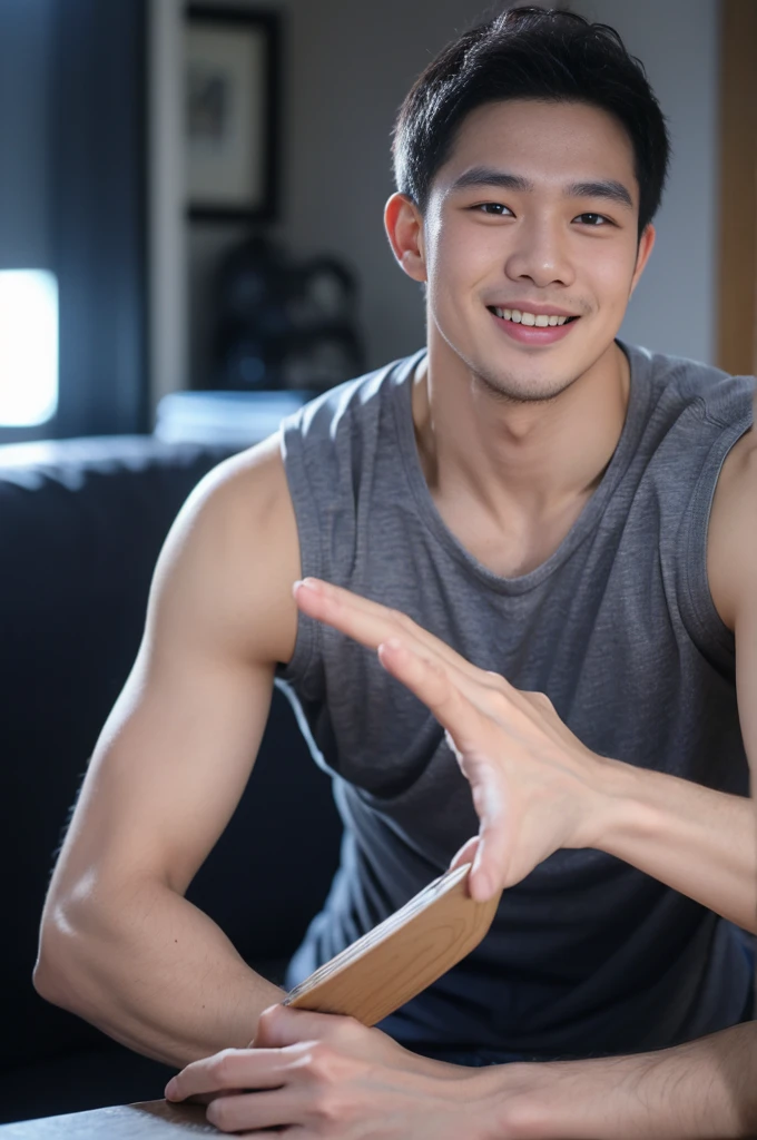((Highest quality, 8K, Masterpiece: 1.3))、Thailand Laos Burma Asia, Thai man, A handsome Asian rugby player with short hair, a muscular beard, and big muscles., 1A man who has、 yo、Good appearance、Beautiful nose、smile、 Detailed eyes and face、beautiful light、(studio)、high resolution、(Look at the viewer.)、Fine mouth、smile、whole body: 1.5, perfect shape: 1.3, Picture of both shoulders:1.3, Navy blue round neck t-shirt:1.5