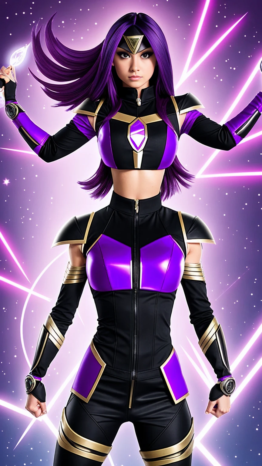 Raven from teen titans as a power ranger, power ranger costume, holding power rangers helmet, short hair, hair tips purple, power rangers themed costume, power rangers