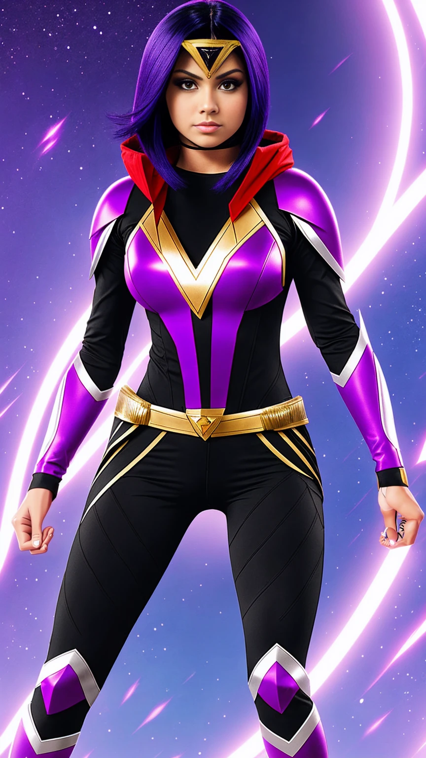 Raven from teen titans as a power ranger, power ranger costume, holding power rangers helmet, short hair, hair tips purple, power rangers themed costume, power rangers