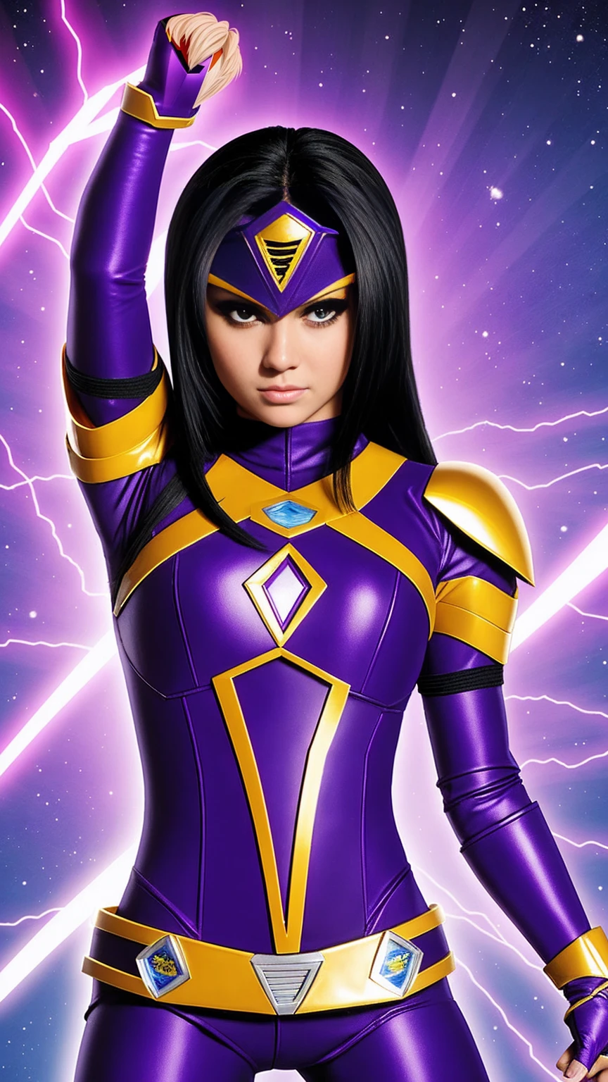 Raven from titans as a power ranger, power ranger costume, holding power rangers helmet, short hair, hair tips purple, power rangers themed costume, power rangers