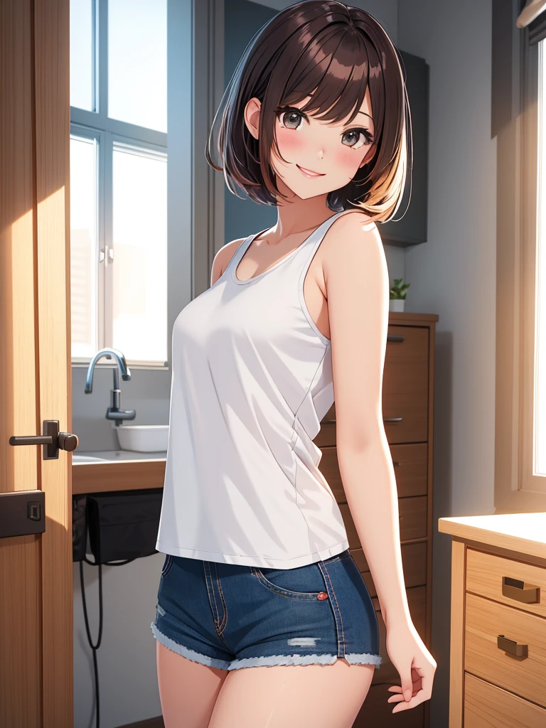 best quality, 1girl, masterpiece ultra detailed, illustration, glossy lips, indoors, standing, (short shorts, micro_shorts, tank top), light smile, looking back at viewer