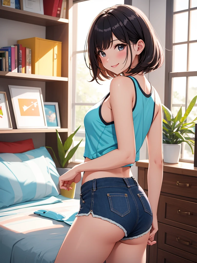 best quality, 1girl, masterpiece ultra detailed, illustration, glossy lips, indoors, standing, (short shorts, micro_shorts, tank top), light smile, looking back at viewer